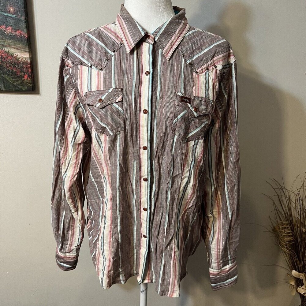 Twenty X Ultra Fit Woman Snap Western Shirt Size XL Multicolor Metallic Striped